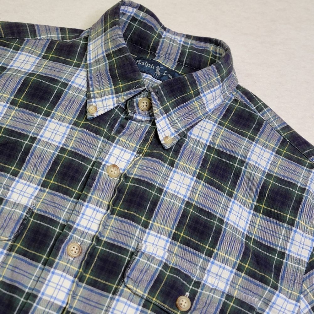 Ralph Lauren Mens Long Sleeve Button Down Navy, Green, White Plaid sz Medium‎